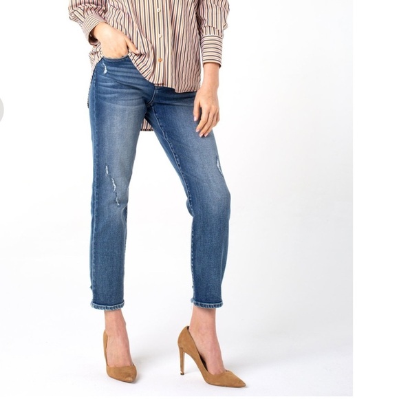Liverpool Denim - Liverpool The Crop Straight Jean Kennedy Wash Distressed Ankle Jeans Blue 10/30